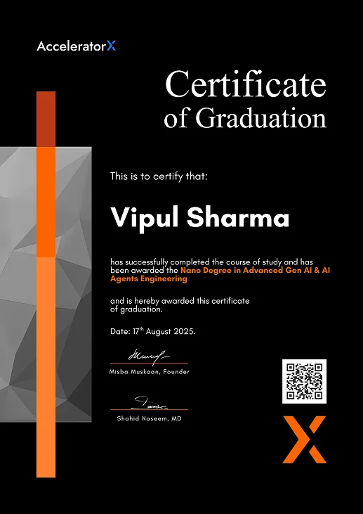 A sample certificate of completion for the Advanced Generative AI nano-degree program.