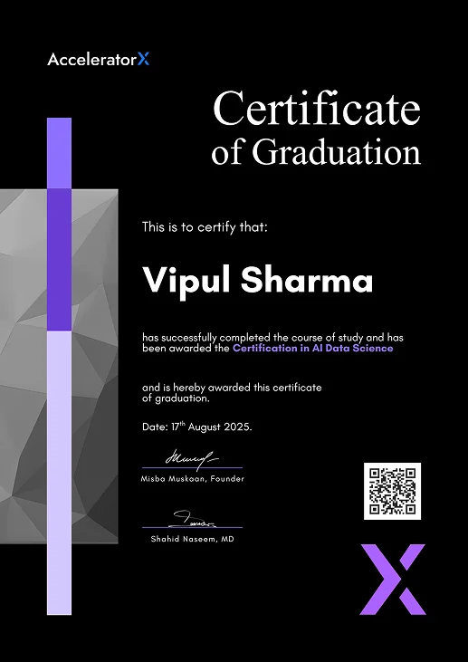 Sample certificate of completion for the Advanced AI Data Science and Generative AI Certification program.
