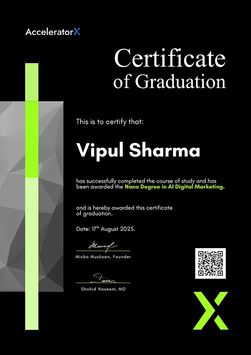 A sample certificate of completion for the AI Digital Marketing Certification training program.