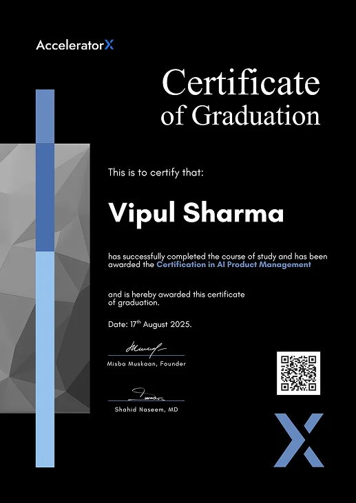 A sample certificate of completion for the AI Product Management Certification training course.
