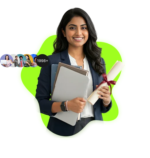 A confident digital marketing specialist smiling, inviting users to enroll in the AI digital marketing certification program.